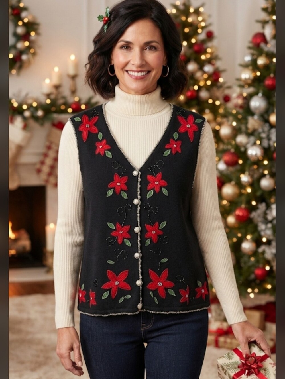 Designers Originals Christmas Embroidered Beaded Poinsettias Sweater Vest XL
